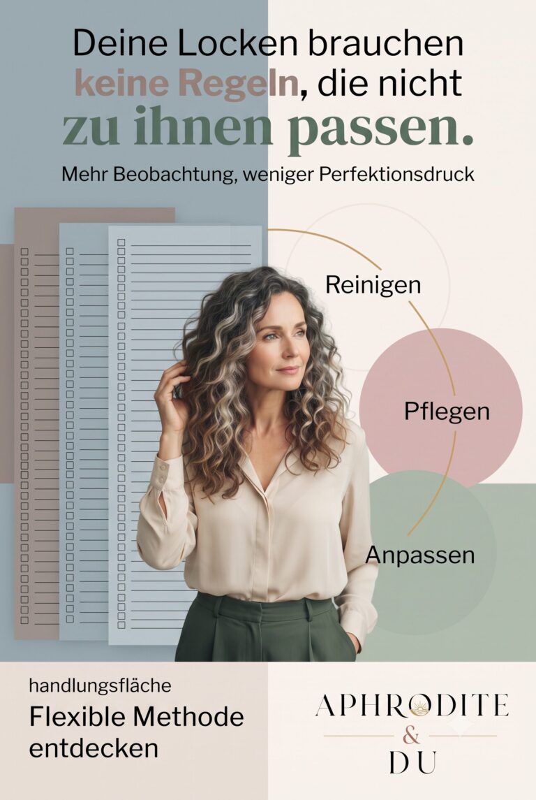 Eine Frau mit natürlichen Locken steht zwischen einer langen, durchscheinenden Regelliste und einer offenen, hellen Fläche mit drei flexiblen Pflegeschritten. Der Text lautet: „Deine Locken brauchen keine Regeln, die nicht zu ihnen passen.“