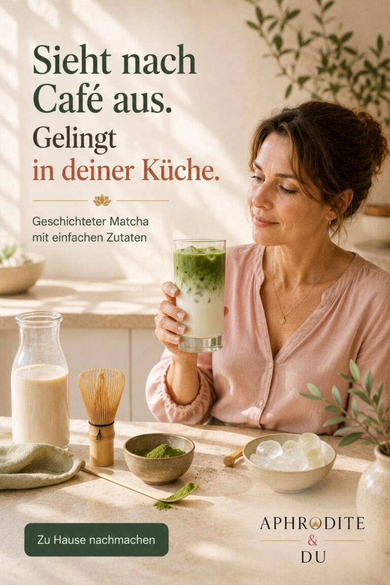 Eine Frau sitzt an einem hellen Küchentisch und hält einen geschichteten Eis-Matcha-Latte. Auf dem Tisch stehen Matcha-Schale, Bambusbesen und Eiswürfel. Der Bildtext lautet: „Sieht nach Café aus. Gelingt in deiner Küche.“