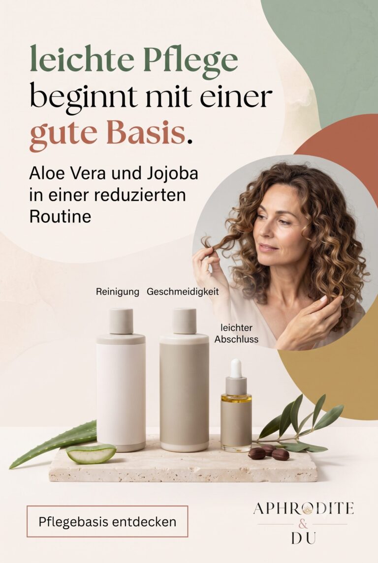 Aloe-Vera-Blätter, Jojobasamen und drei neutrale Haarpflegeprodukte stehen neben einer Frau mit natürlich fallenden Spirallocken. Der Text lautet: „Leichte Pflege beginnt mit einer guten Basis.“