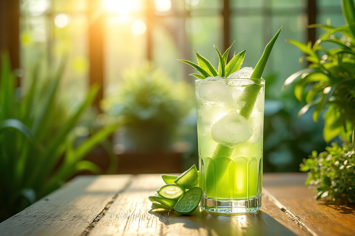 Gekühlter Aloe Vera Saft im Glas mit frischen Aloe-Vera-Blättern als grünes Lifestyle-Getränk für bewusste Alltagsroutinen.