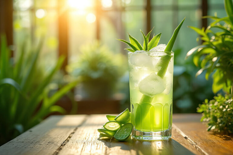 Gekühlter Aloe Vera Saft im Glas mit frischen Aloe-Vera-Blättern als grünes Lifestyle-Getränk für bewusste Alltagsroutinen.