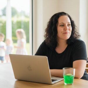 Dreifache Mutter arbeitet flexibel mit Laptop zuhause als Symbol für Nadjas Weg von der Pflegeleitung zu mehr Freiheit mit Mom Business.