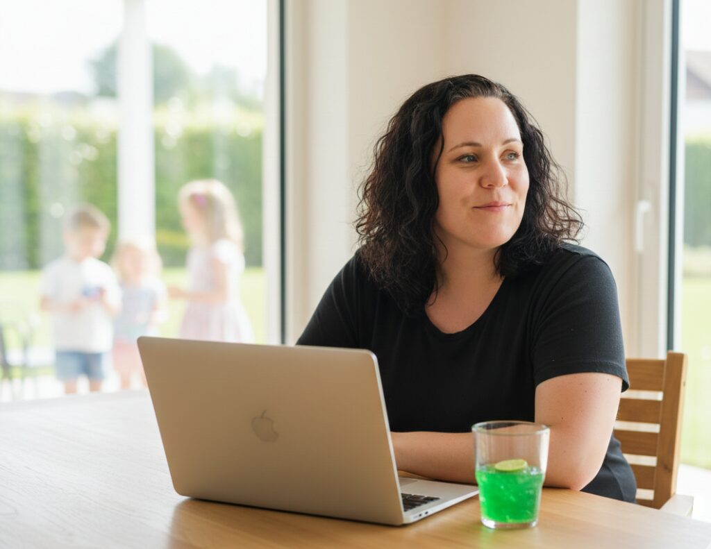 Dreifache Mutter arbeitet flexibel mit Laptop zuhause als Symbol für Nadjas Weg von der Pflegeleitung zu mehr Freiheit mit Mom Business.