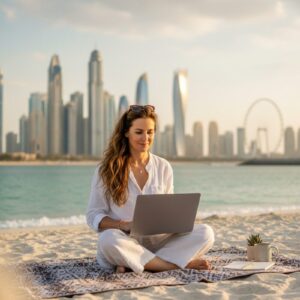 Liana sitzt mit Laptop am Strand von Dubai als Symbol für Online Business, Freiheit und ortsunabhängiges Arbeiten als Mama.