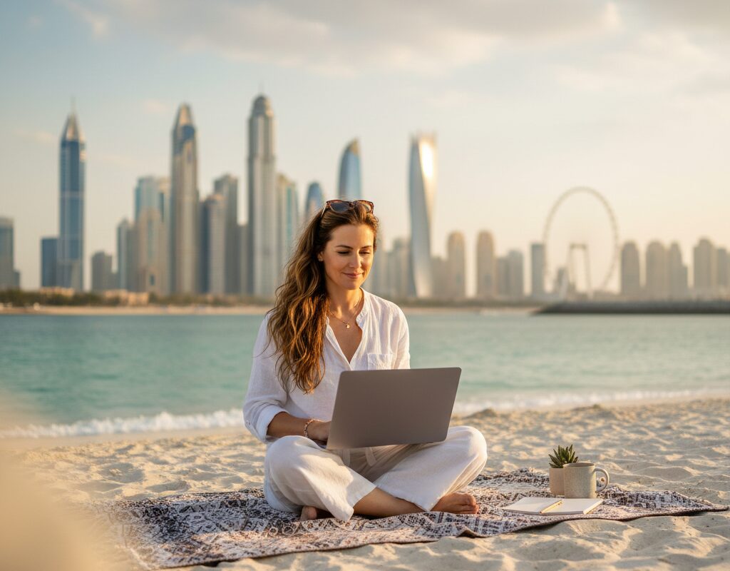 Liana sitzt mit Laptop am Strand von Dubai als Symbol für Online Business, Freiheit und ortsunabhängiges Arbeiten als Mama.