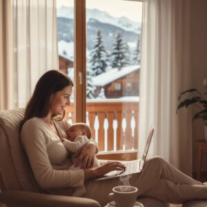 Junge Mutter arbeitet flexibel mit Laptop im Familienalltag als Symbol für Marzias Mom-Business-Erfahrung und selbstbestimmtes Arbeiten.