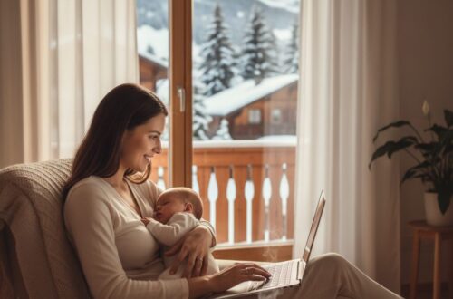 Junge Mutter arbeitet flexibel mit Laptop im Familienalltag als Symbol für Marzias Mom-Business-Erfahrung und selbstbestimmtes Arbeiten.