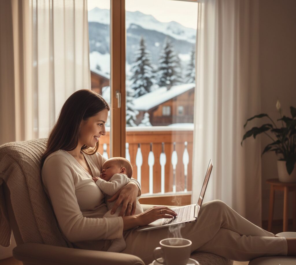 Junge Mutter arbeitet flexibel mit Laptop im Familienalltag als Symbol für Marzias Mom-Business-Erfahrung und selbstbestimmtes Arbeiten.