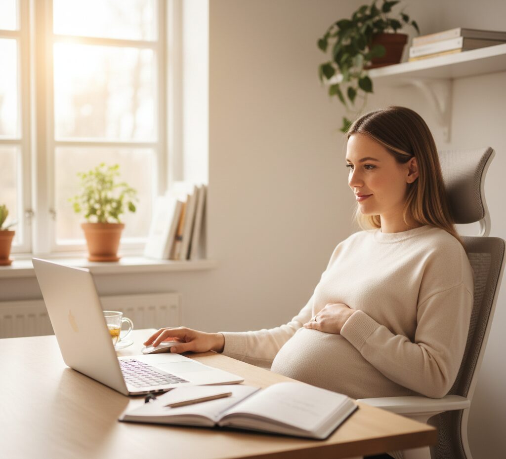 Schwangere Frau plant mit Laptop ihr Online-Business als Symbol für Marinas Weg, Mom Business und vorausschauende Familienplanung.