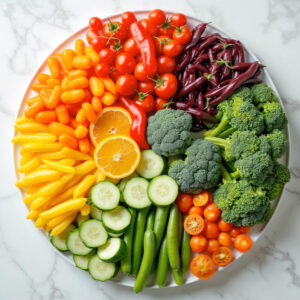 Buntes Ernährungsrad aus Gemüse und natürlichen Lebensmitteln als Symbol für Nährstoffe, Vitalstoffe, Haut, Haare und Energie.