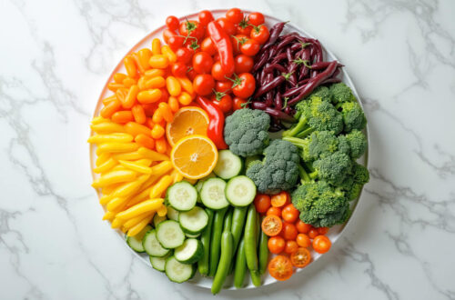 Buntes Ernährungsrad aus Gemüse und natürlichen Lebensmitteln als Symbol für Nährstoffe, Vitalstoffe, Haut, Haare und Energie.