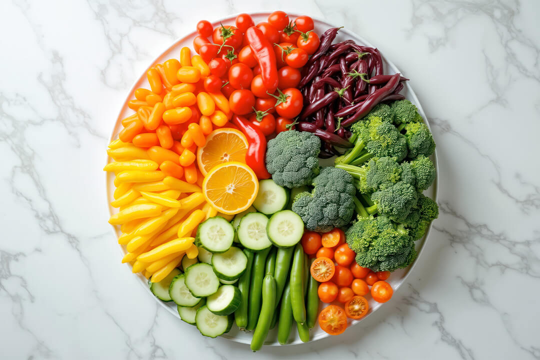 Buntes Ernährungsrad aus Gemüse und natürlichen Lebensmitteln als Symbol für Nährstoffe, Vitalstoffe, Haut, Haare und Energie.