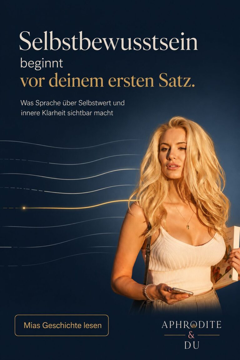 Mia Pejic vor einer zweigeteilten Fläche aus dunklem Bordeaux und hellem Champagner. Feine Linien verbinden die Wörter Strategie und Identität. Der Haupttext lautet: „Erfolg ist nicht nur Strategie. Erfolg ist auch Identität.“