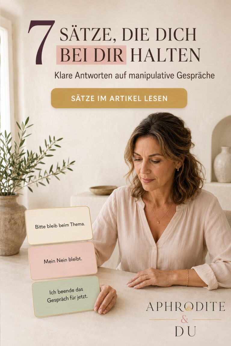 Eleganter Pinterest-Pin mit einer Frau, die drei Karten mit klaren Sätzen betrachtet. Darüber steht „7 Sätze, die dich bei dir halten“, darunter ein Button zum Lesen des Artikels.