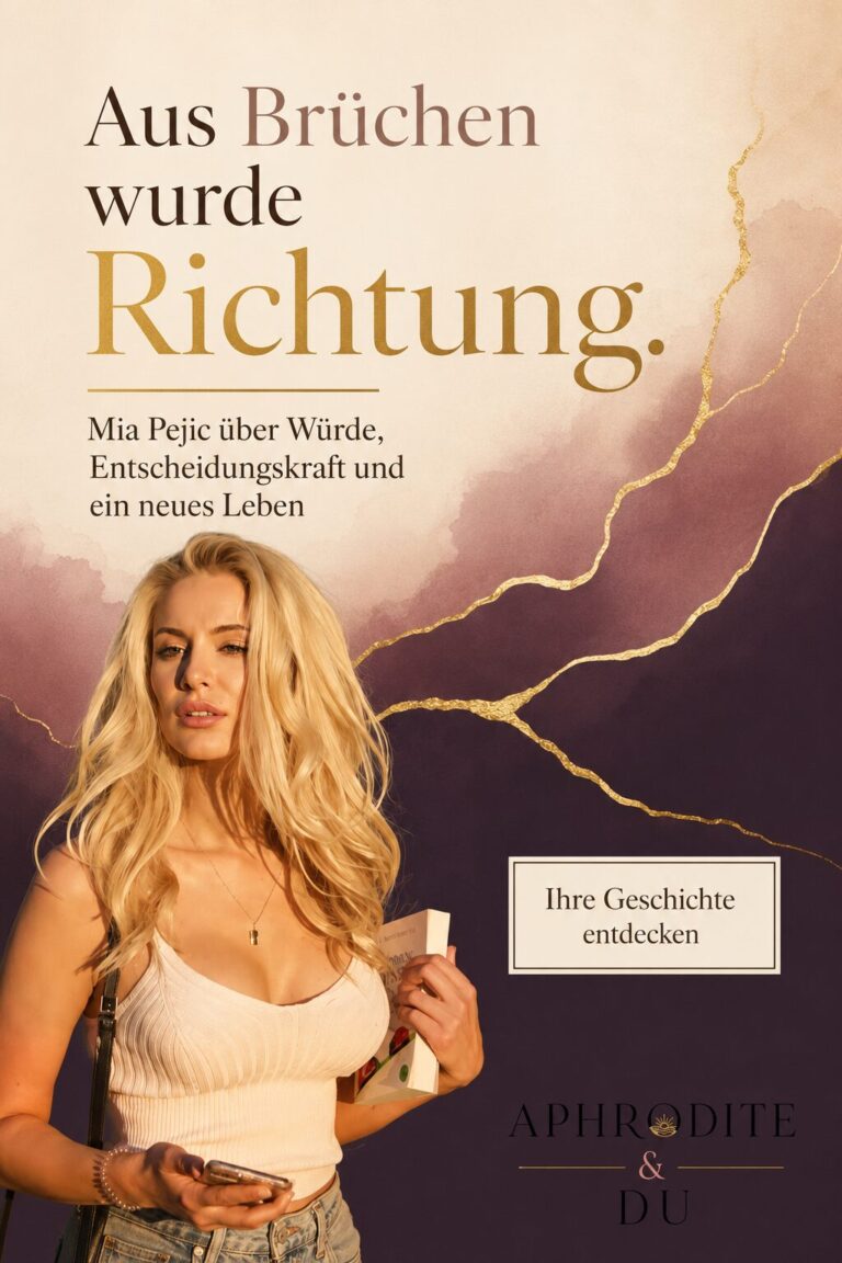 Mia Pejic vor einem Hintergrund in Aubergine, Rosébraun und Creme mit feinen goldenen Linien, die reparierte Brüche darstellen. Das Bild symbolisiert persönliche Entwicklung, Würde und eine neue Lebensrichtung. Text im Bild: „Aus Brüchen wurde Richtung.“