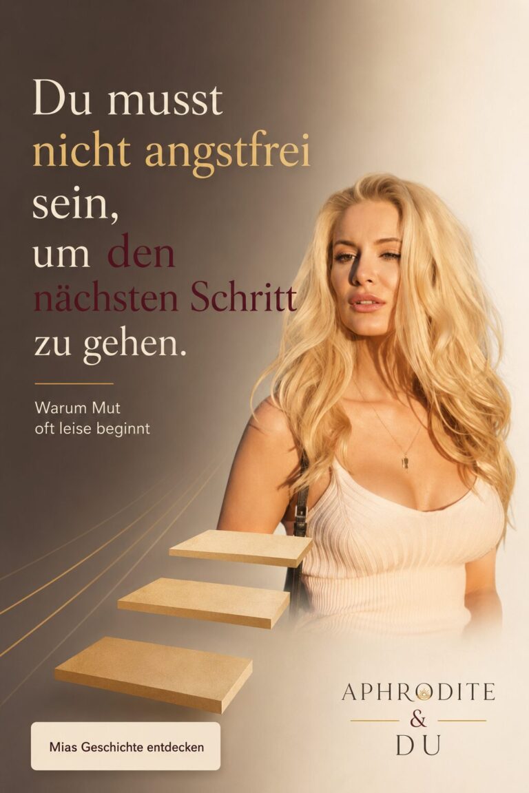Mia Pejic steht rechts vor einem sanften Übergang von dunklem Taupe zu hellem Creme. Eine Reihe goldener Trittflächen führt in den hellen Bereich. Links steht: „Du musst nicht angstfrei sein, um den nächsten Schritt zu gehen.“