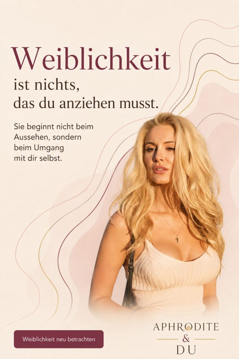 Eine Frau steht vor einer hellen Fläche mit mehreren transparenten Konturen von Rahmen und Stoffformen, die sich nach außen auflösen. Der Text lautet: „Weiblichkeit ist nichts, das du anziehen musst.“ Das APHRODITE-&-DU-Logo steht unten rechts.