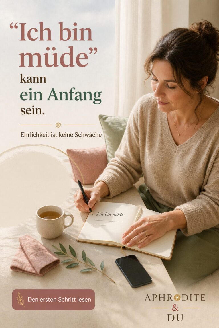 Eine Frau sitzt am Fenster und schreibt den Satz „Ich bin müde“ in ein offenes Journal. Neben dem Buch liegen ein Stift und eine Tasse Tee. Der Bildtext lautet: „Ich bin müde kann ein Anfang sein.“