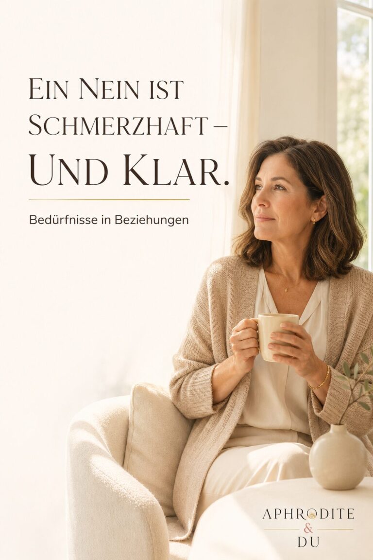Nachdenkliche Frau am Fenster mit Tasse und Notizbuch; auf dem Pin steht „Ein Nein ist schmerzhaft – und klar“.