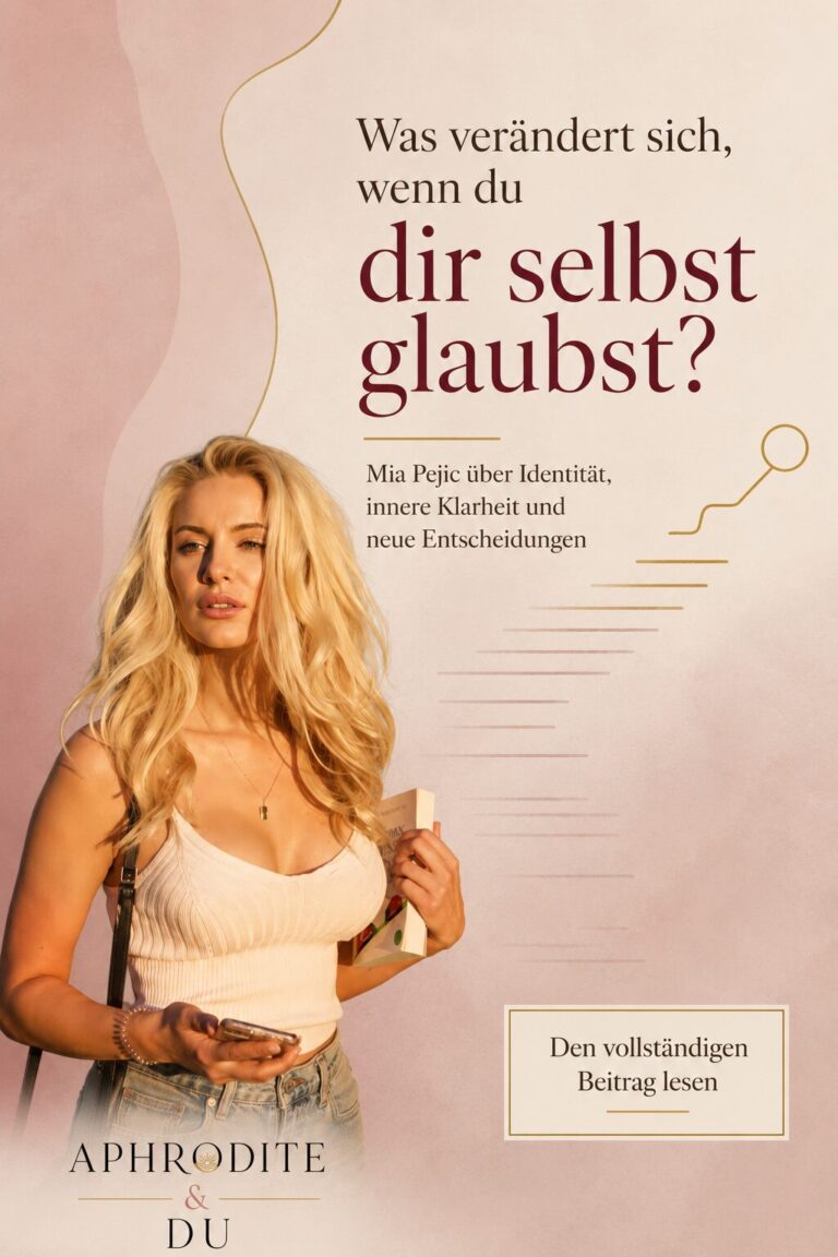 Porträt von Mia Pejic neben mehreren blassen Textfragmenten, die sich zu einer klaren goldenen Linie auflösen. Im oberen Bereich steht die Frage: „Was verändert sich, wenn du dir selbst glaubst?“