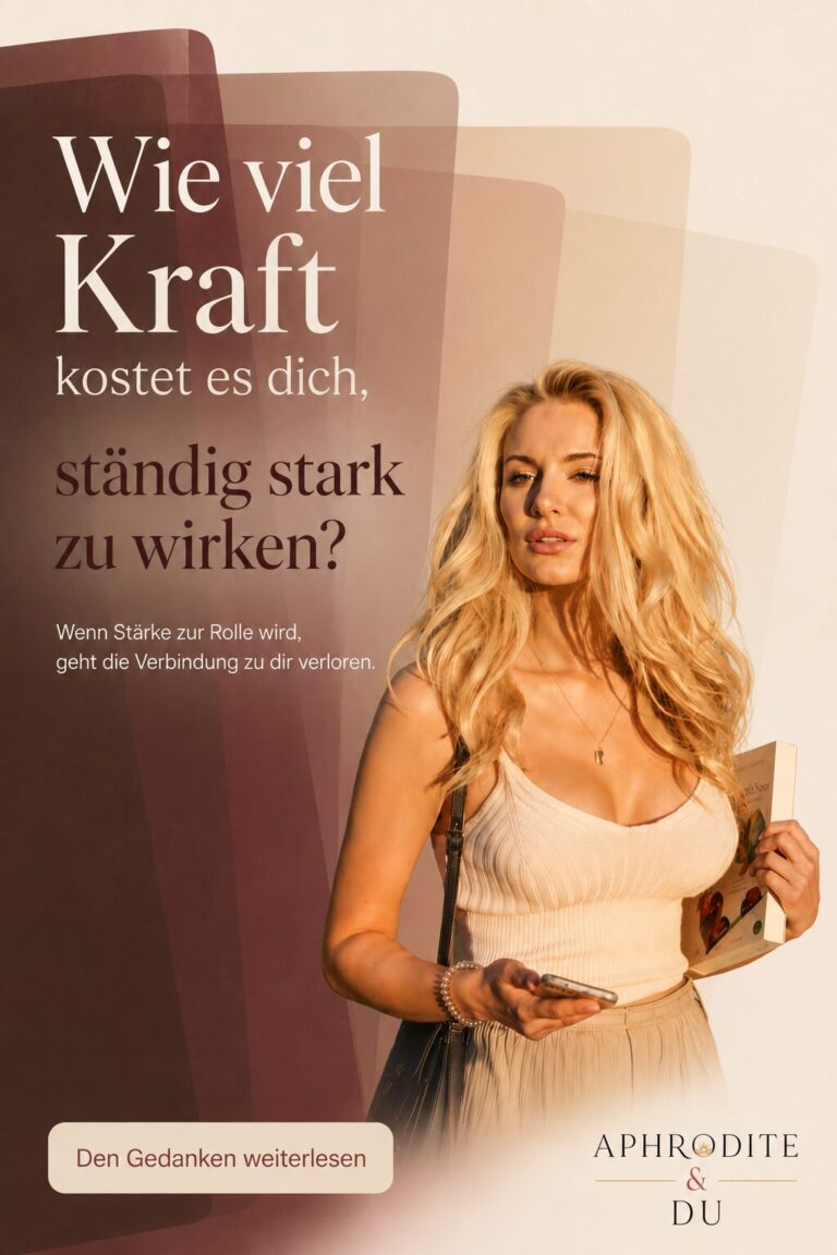 Porträt einer Frau vor mehreren dunklen, übereinanderliegenden Rechtecken, die sich zu einer offenen hellen Fläche hin auflösen. Der sichtbare Text fragt: „Wie viel Kraft kostet es dich, ständig stark zu wirken?“ Unten steht das Logo.