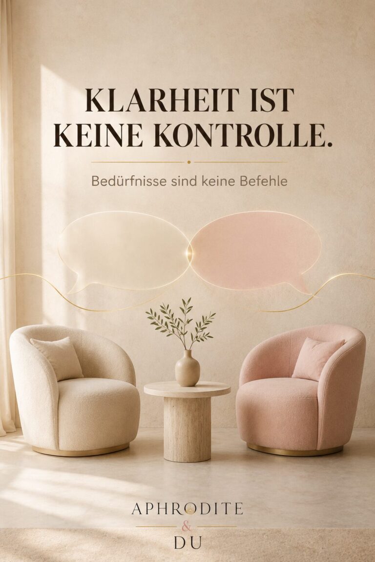 Minimalistischer Pin mit zwei einander zugewandten Sesseln, zwei offenen Gesprächsformen und dem Text „Klarheit ist keine Kontrolle“.