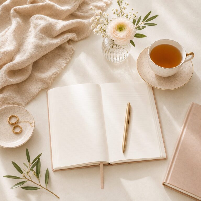 Journal mit Stift und Tee auf hellem Tisch als Symbol für klare Bedürfnis-Kommunikation in Beziehungen.