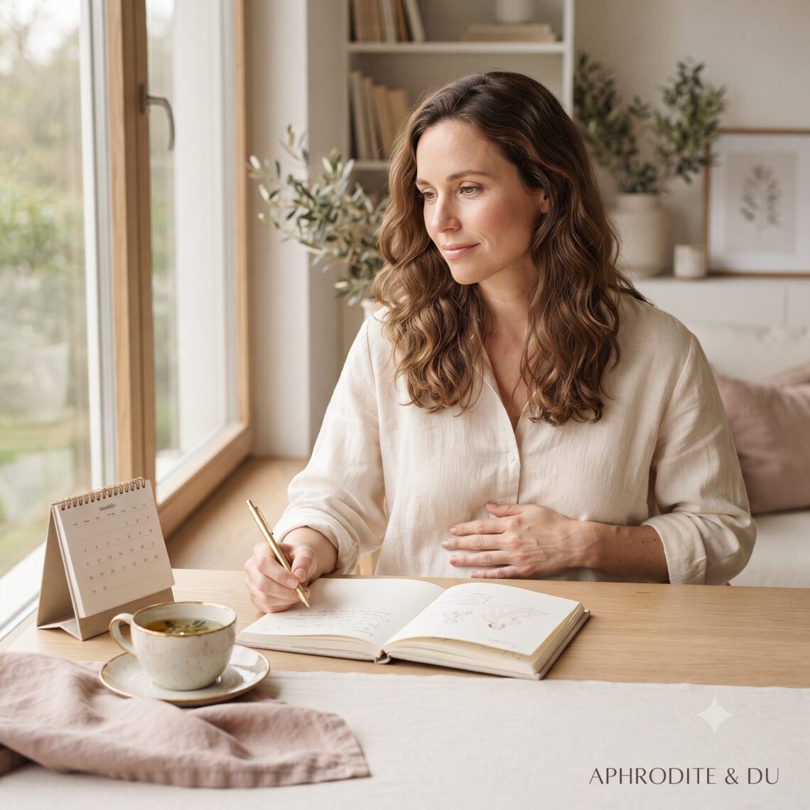 Frau sitzt mit Journal, Kalender und Tee an einem hellen Tisch als Symbol für Cycle Syncing, Zyklusbewusstsein und sanfte Selbstverbindung.