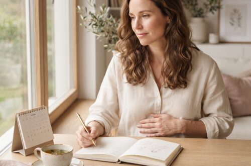 Frau sitzt mit Journal, Kalender und Tee an einem hellen Tisch als Symbol für Cycle Syncing, Zyklusbewusstsein und sanfte Selbstverbindung.
