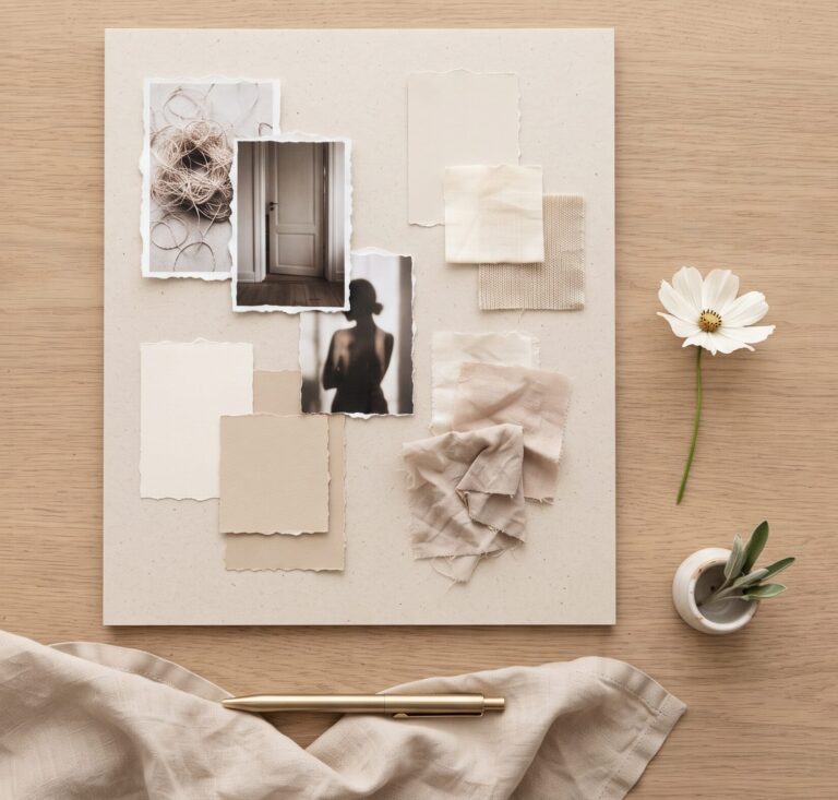 Moodboard mit Bildern, Notizzetteln und Stift als Symbol dafür, Muster, Blockaden und Selbstsabotage bewusst zu erkennen.
