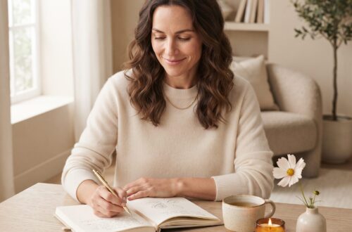 Frau sitzt mit Journal, Tee und Kerze an hellem Tisch als Symbol für Selbstbild, Manifestation und innere Erlaubnis.