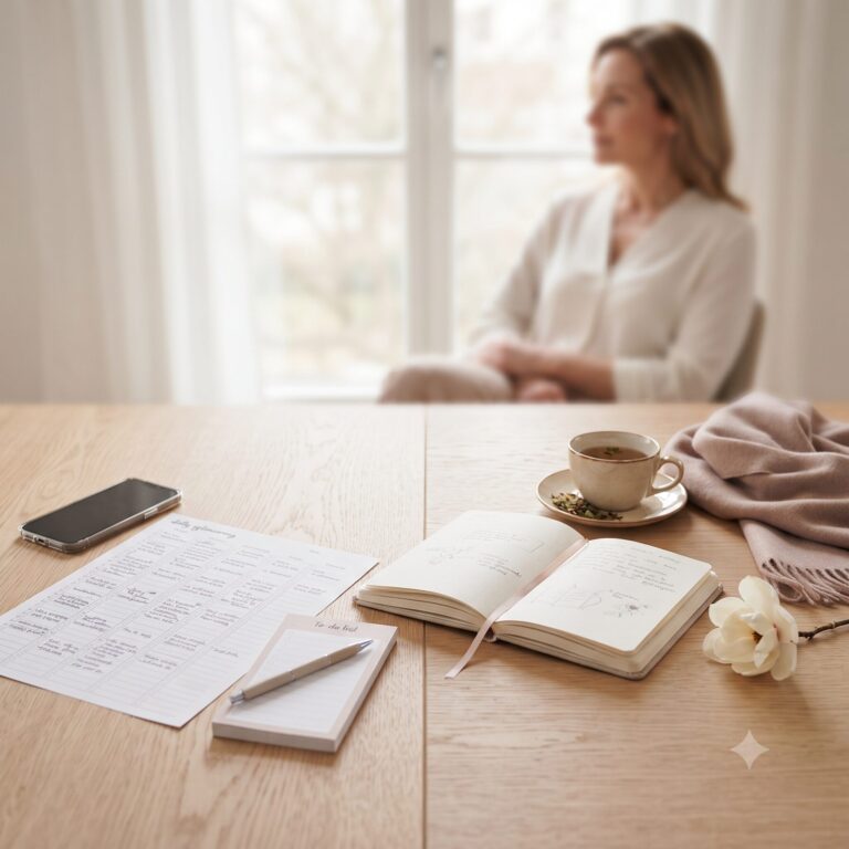 Heller Tisch mit To-do-Liste und Journal als Symbol für den Unterschied zwischen Selbstoptimierung und Selbstverbindung beim Cycle Syncing.