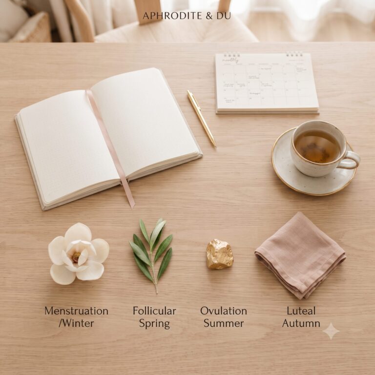 Journal, Kalender und vier Naturdetails auf hellem Tisch als Symbol für Zyklusphasen, Selbstbeobachtung und weibliche Selbstverbindung.