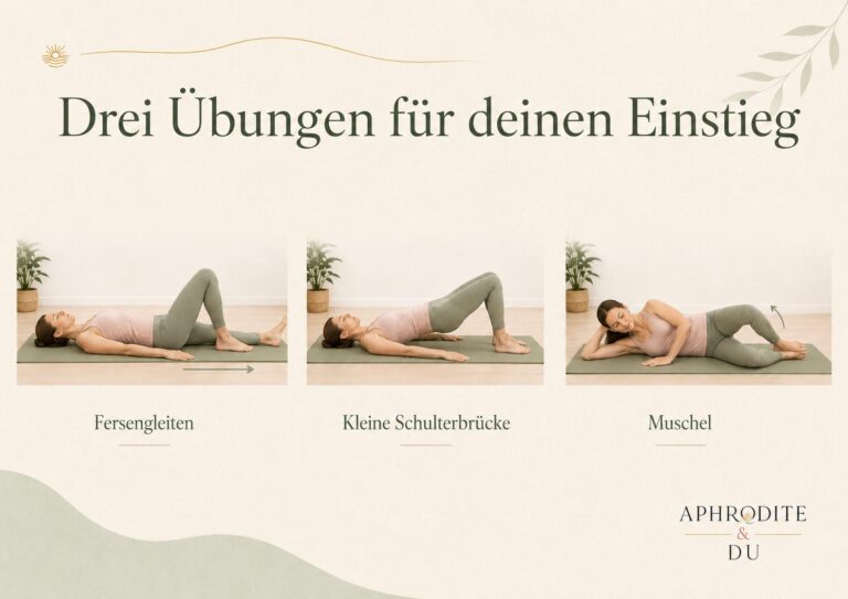 Drei illustrierte Pilatesübungen für Anfänger: Fersengleiten, kleine Schulterbrücke und Muschel.