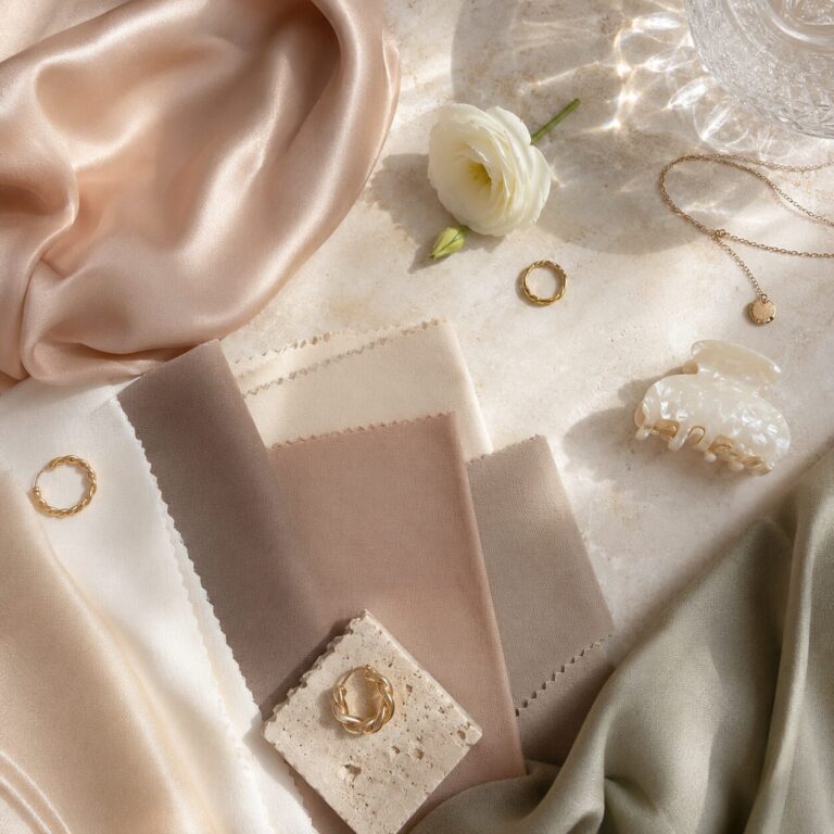 Farb- und Stoffkomposition in Creme, Sand und Rosébeige als Symbol für persönliche Stilfarben und natürliche Eleganz.