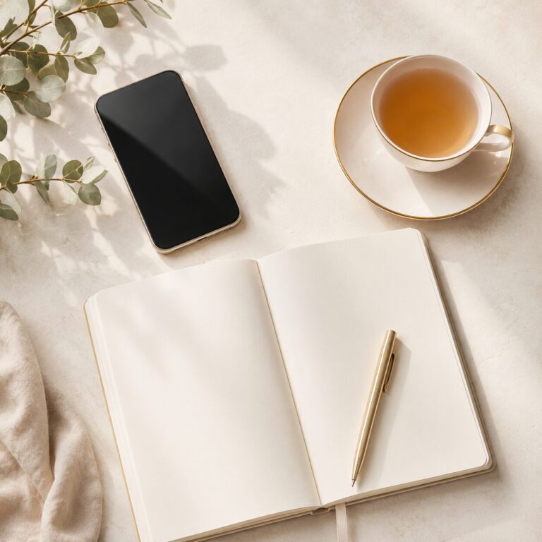 Journal, Smartphone, Tee und Stift auf hellem Tisch als Symbol für neue Sprache im Alltag und bewusste Kommunikation.
