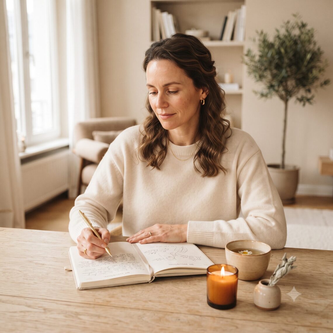 Frau sitzt mit Journal und Tee an hellem Tisch als Symbol für Manifestation, innere Ausrichtung und bewusste Selbstreflexion.
