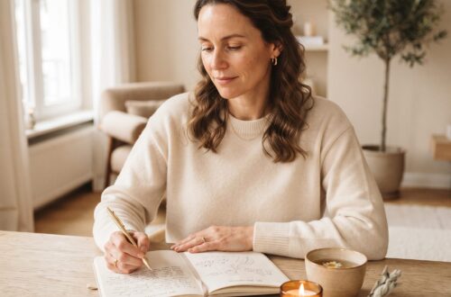 Frau sitzt mit Journal und Tee an hellem Tisch als Symbol für Manifestation, innere Ausrichtung und bewusste Selbstreflexion.