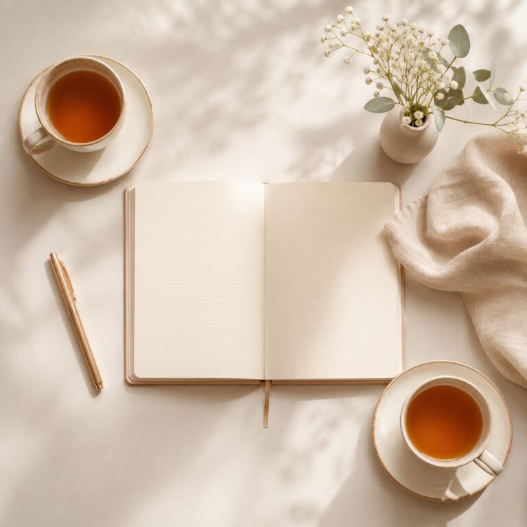 Zwei Teetassen und Journal auf hellem Tisch als Symbol für Beziehungskommunikation, Bedürfnisse aussprechen und Gespräche auf Augenhöhe.