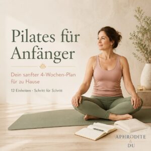 Erwachsene Frau auf einer Pilatesmatte als Titelbild für einen vierwöchigen Pilates-Anfängerplan zu Hause.