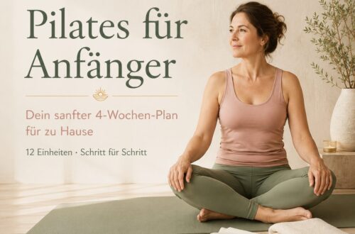 Erwachsene Frau auf einer Pilatesmatte als Titelbild für einen vierwöchigen Pilates-Anfängerplan zu Hause.
