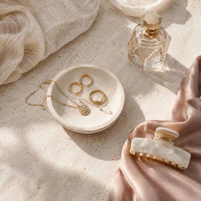 Schmuckschale mit Seidentuch und Parfum als Symbol für Eleganz, gepflegte Details und Selbstachtung.