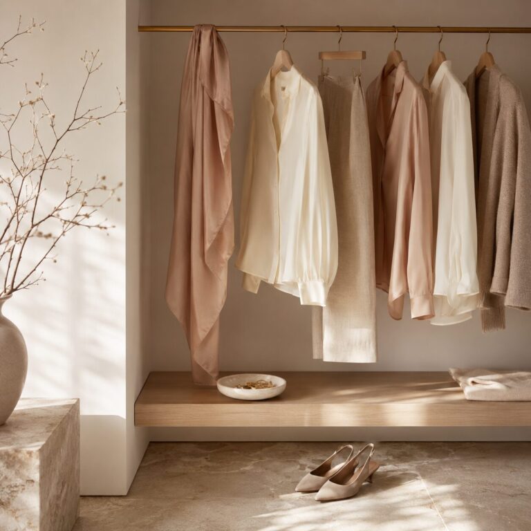 Offene Garderobe mit eleganten Kleidungsstücken als Symbol dafür, den eigenen Stil zu finden ohne sich zu verkleiden.