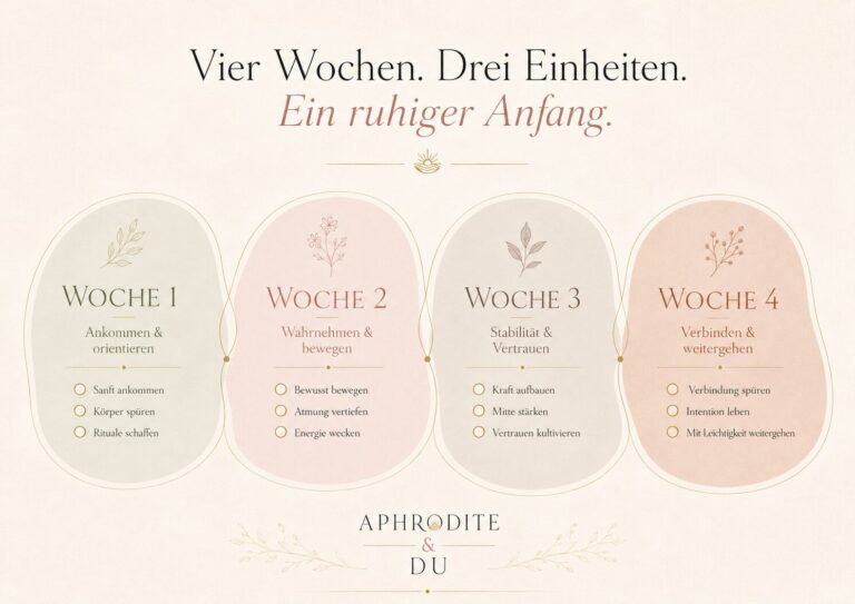 Infografik zum vierwöchigen Pilates-Anfängerplan mit den Schwerpunkten Orientierung, Stabilität, Koordination und Routine.