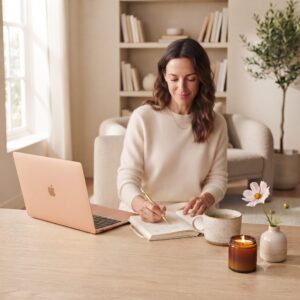 Frau sitzt mit Journal, Laptop und Tee an hellem Tisch als Symbol für Manifestation, Entscheidungskraft und den ersten Schritt ins Handeln.