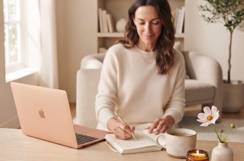 Frau sitzt mit Journal, Laptop und Tee an hellem Tisch als Symbol für Manifestation, Entscheidungskraft und den ersten Schritt ins Handeln.