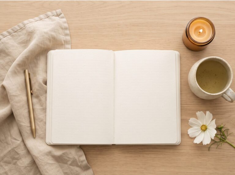Geöffnetes Journal mit Tee, Stift und Kerze als Symbol dafür, aus Wunschdenken klare innere Ausrichtung entstehen zu lassen.