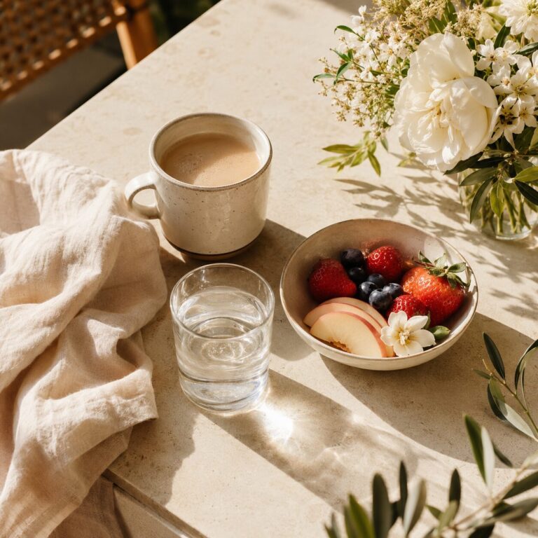 Heller Frühstückstisch mit Obst, Wasser und Blumen als Symbol für Dankbarkeit und den Blick auf das, was bereits da ist.
