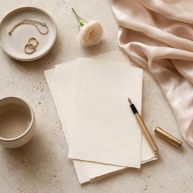 Füller, Papier und Seidentuch auf hellem Tisch als Symbol für bewusst gewählte Worte und elegante Sprache.