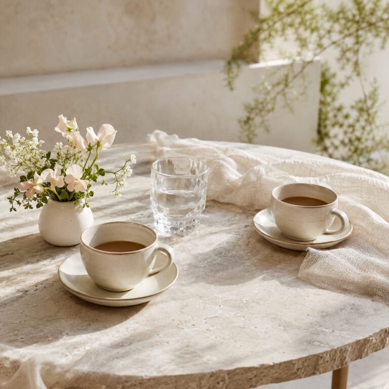 Zwei Tassen auf hellem Café-Tisch als Symbol für würdevolle Sprache, Gespräche auf Augenhöhe und elegante Kommunikation.